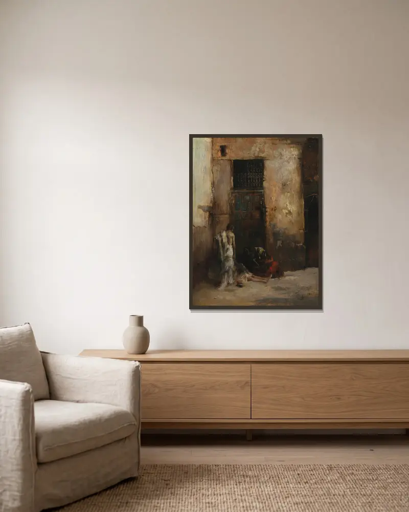Bettler an einer Tür von Mariano Fortuny Marsal gerahmt an einer Wand