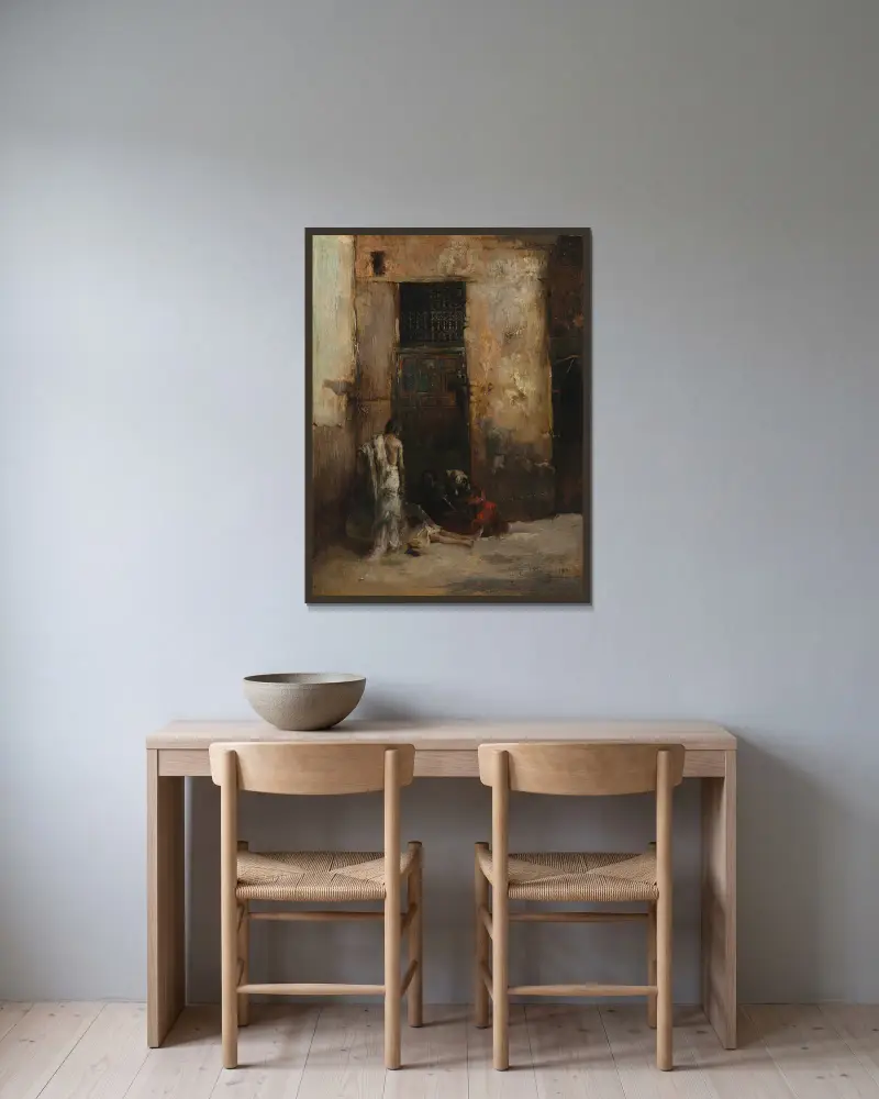 Bettler an einer Tür von Mariano Fortuny Marsal gerahmt an einer Wand