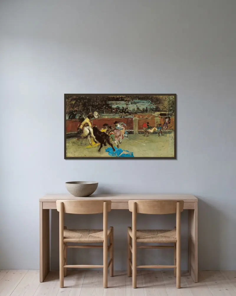 Tjurfäktning. Skadad picador av Mariano Fortuny Marsal inramad på en vägg