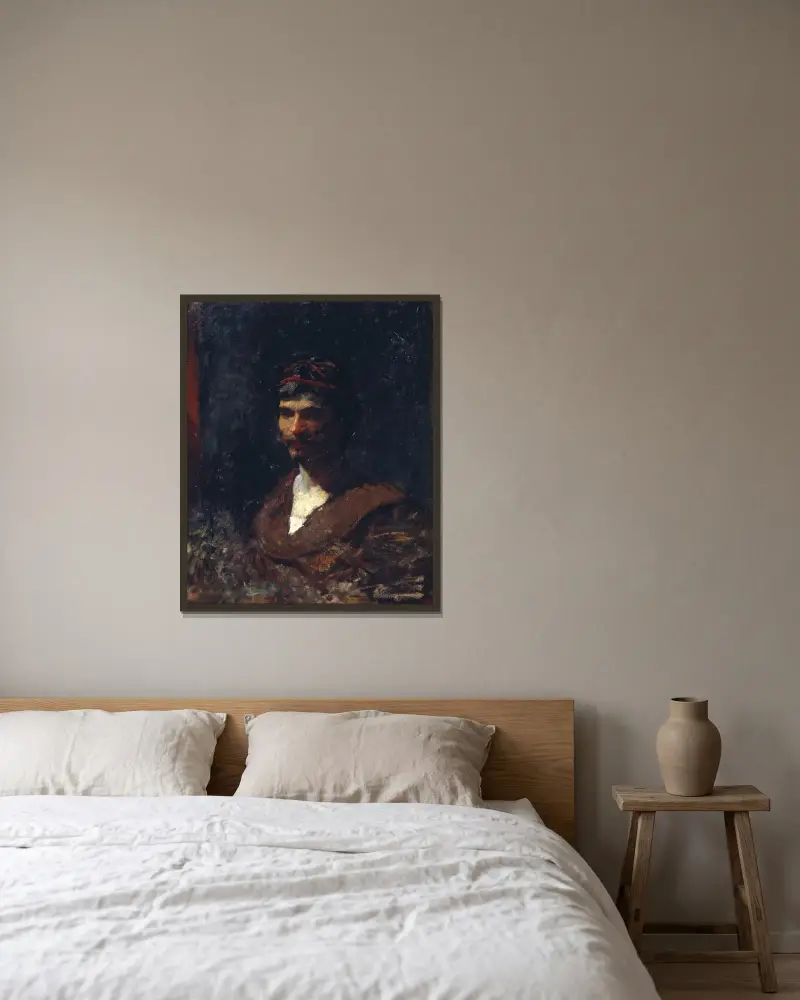 Byst av en man. Bacchus-allegori av Mariano Fortuny Marsal inramad på en vägg