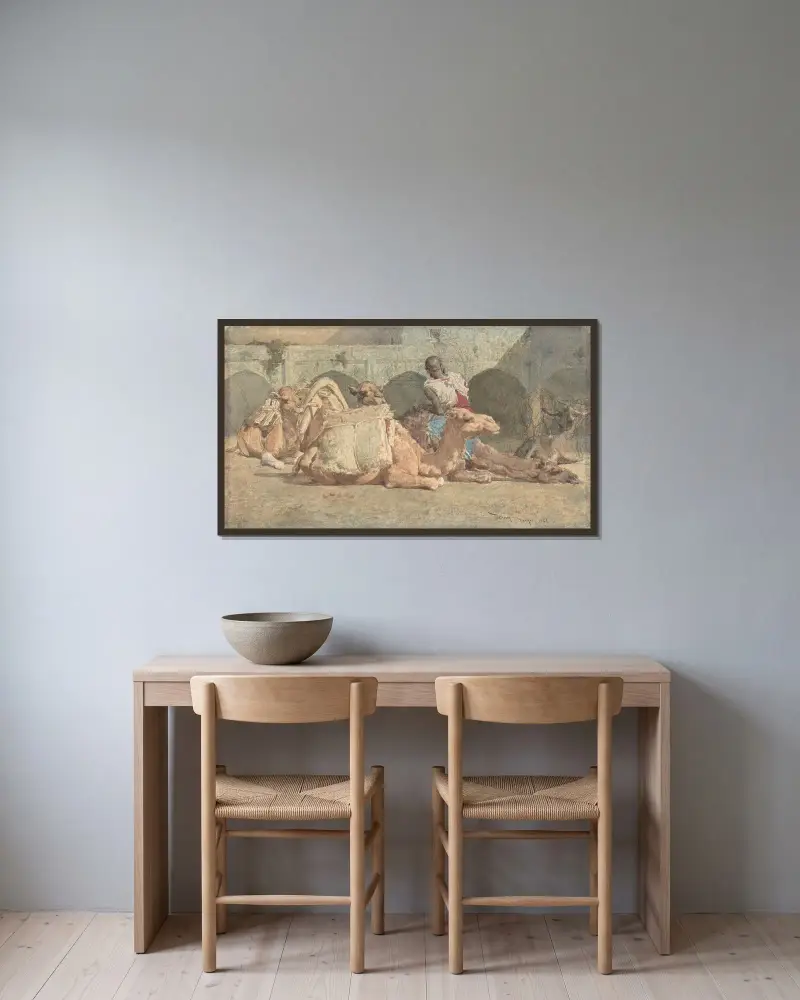 Kamelor vilande, Tanger av Mariano Fortuny Marsal inramad på en vägg