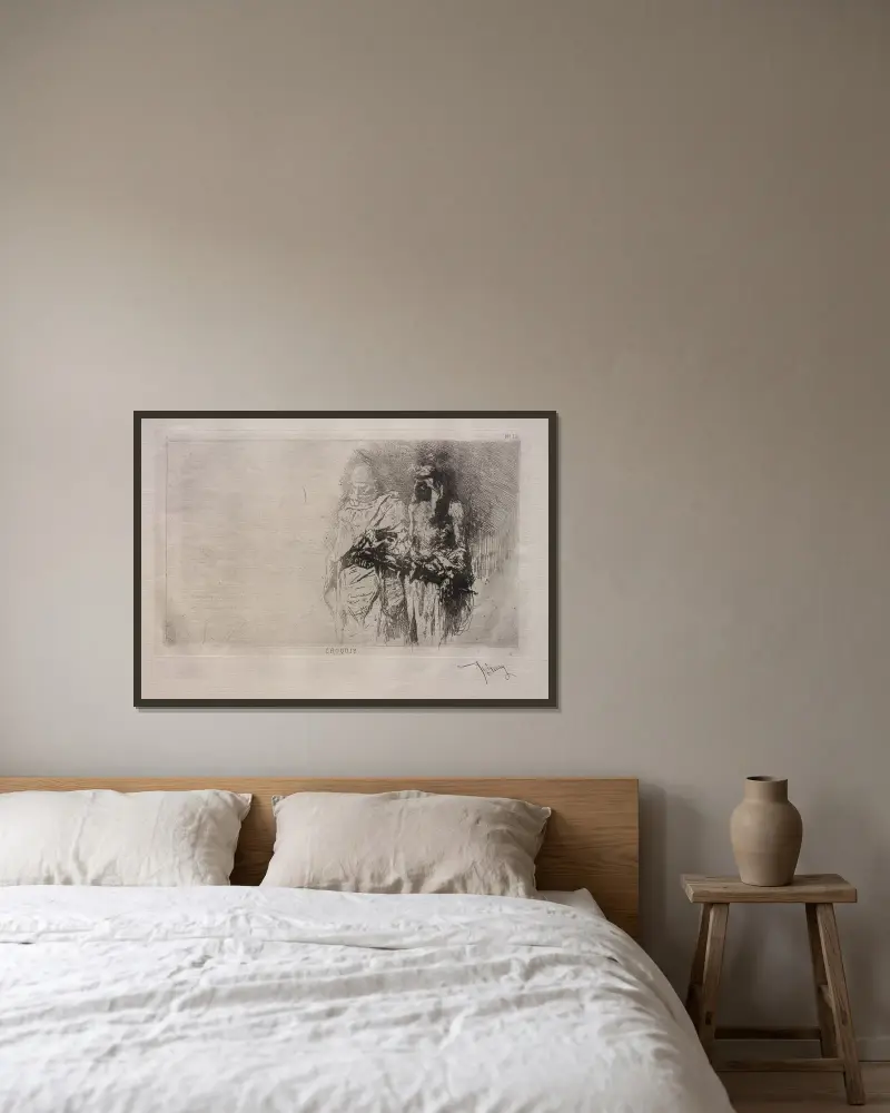 Skizze (zwei arabische Figuren) von Mariano Fortuny Marsal gerahmt an einer Wand
