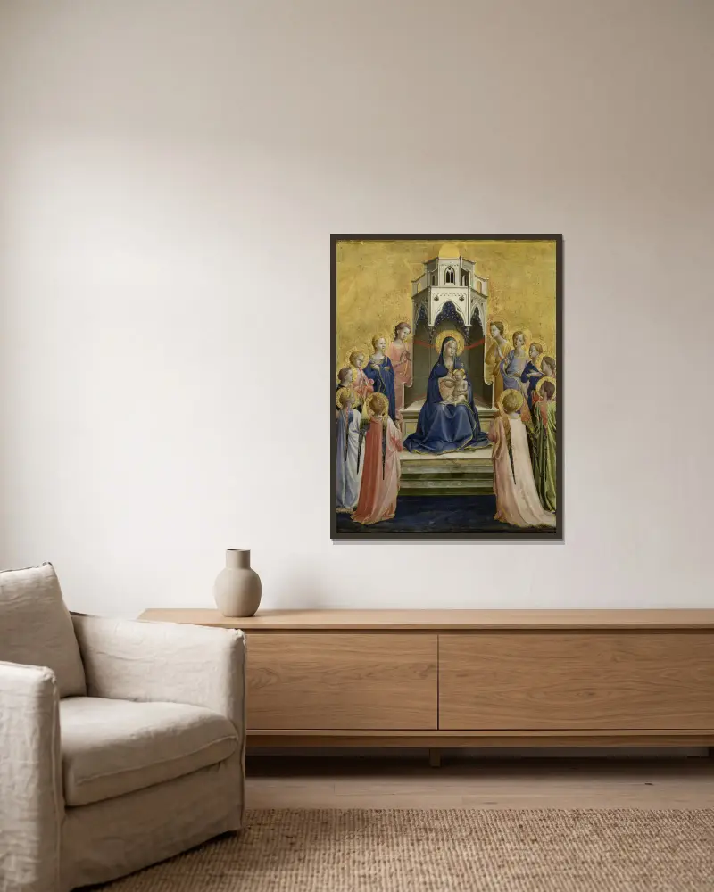 Madonna and Child Enthroned and Twelve Angels av Fra Angelico inramad på en vägg