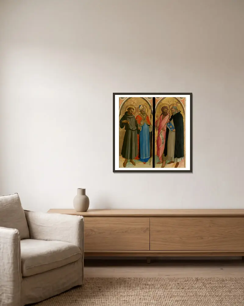 Saint Francis and a Bishop Saint, Saint John the Baptist and Saint Dominic av Fra Angelico inramad på en vägg