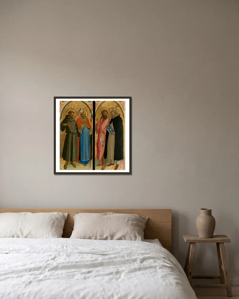 Saint Francis and a Bishop Saint, Saint John the Baptist and Saint Dominic av Fra Angelico inramad på en vägg