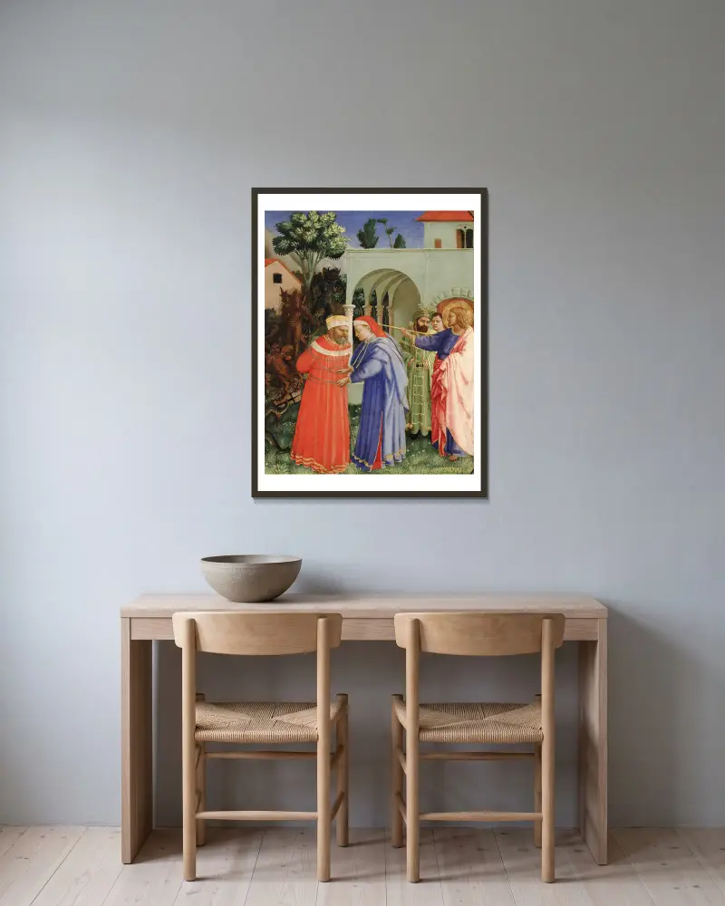 The Apostle Saint James the Greater Freeing the Magician Hermogenes av Fra Angelico inramad på en vägg