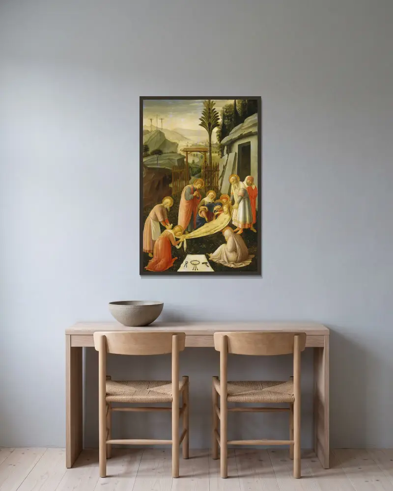 Kristi gravläggning av Fra Angelico inramad på en vägg