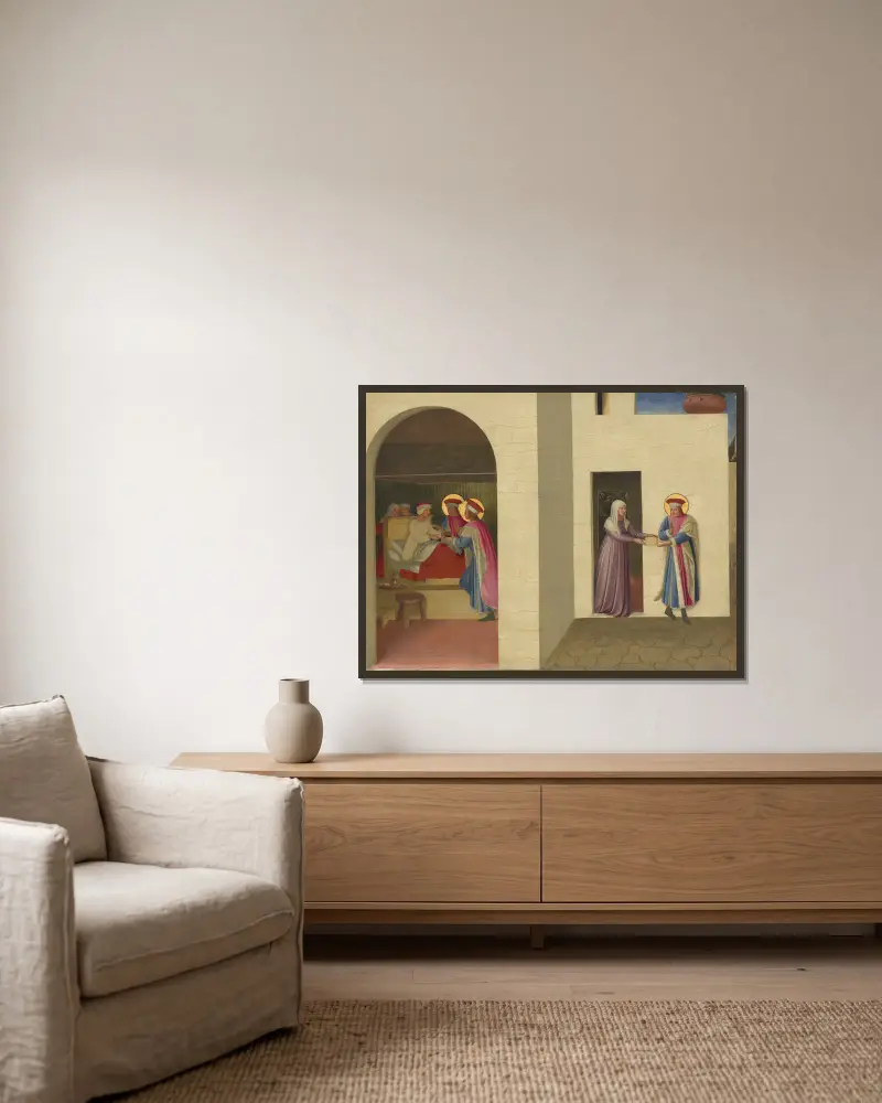 The Healing of Palladia by Saint Cosmas and Saint Damian av Fra Angelico inramad på en vägg