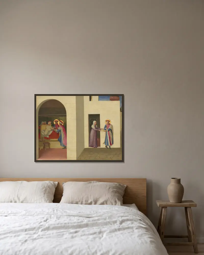 The Healing of Palladia by Saint Cosmas and Saint Damian av Fra Angelico inramad på en vägg