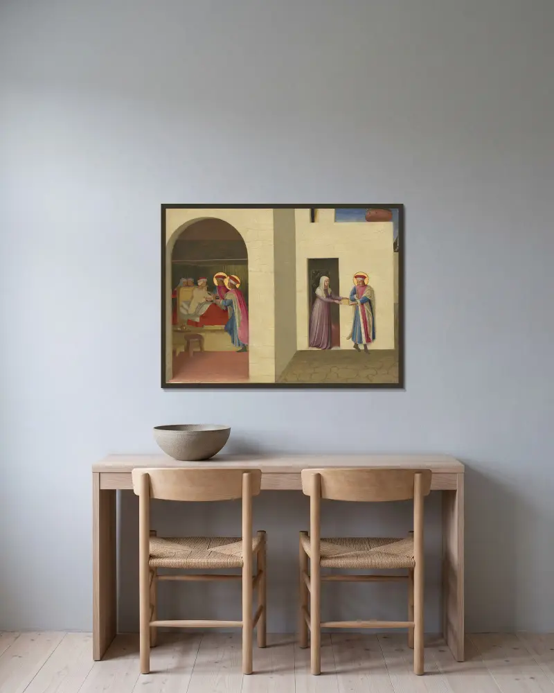 The Healing of Palladia by Saint Cosmas and Saint Damian av Fra Angelico inramad på en vägg