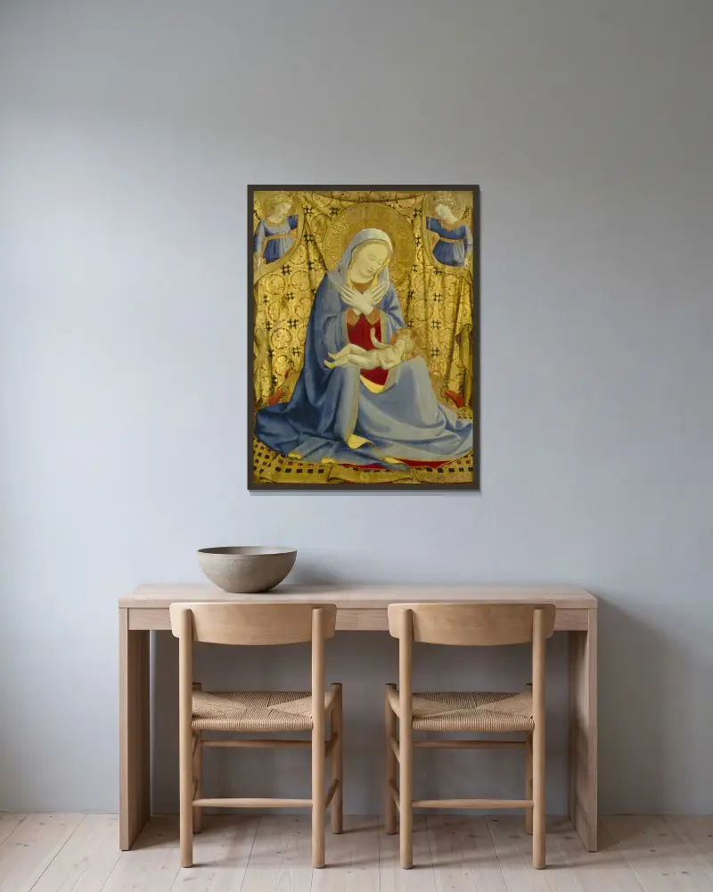 The Madonna of Humility av Fra Angelico inramad på en vägg