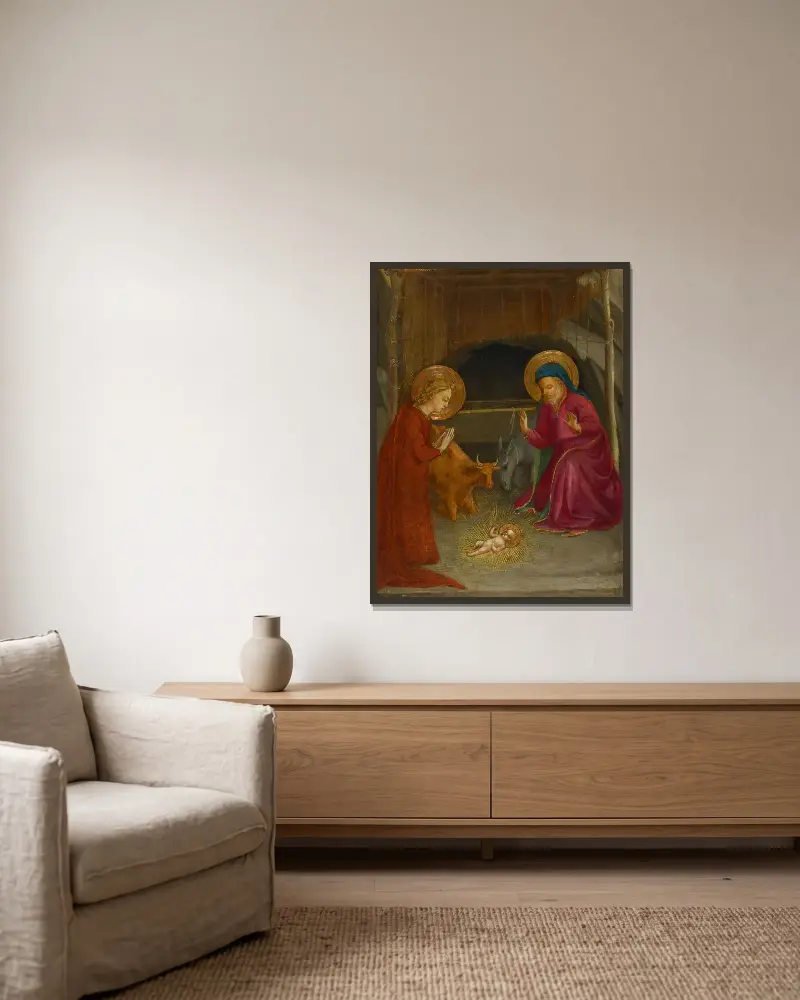 Christi Geburt von Fra Angelico gerahmt an einer Wand