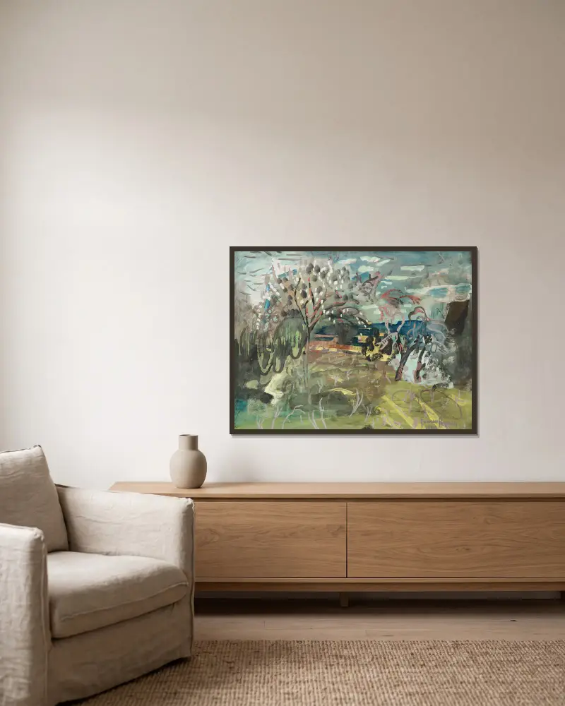 Cherry tree at ‘The Croft’, Bradford on Tone, Taunton av Frances Hodgkins inramad på en vägg