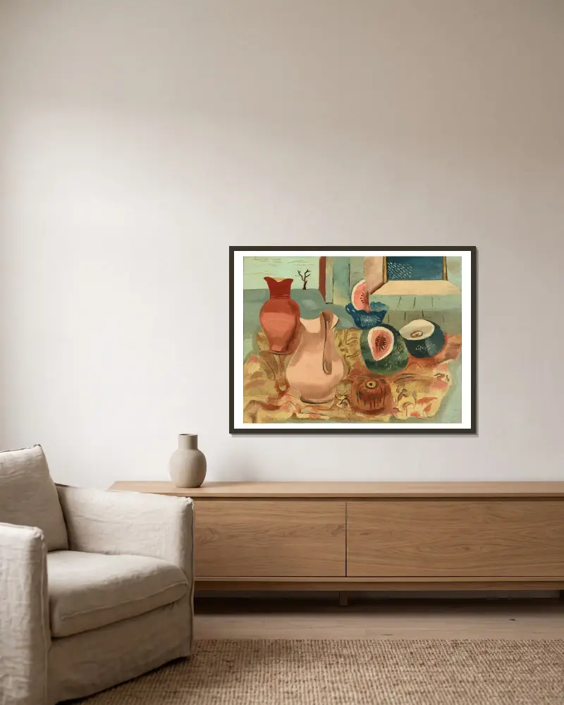 Geschnittene Melonen von Frances Hodgkins gerahmt an einer Wand