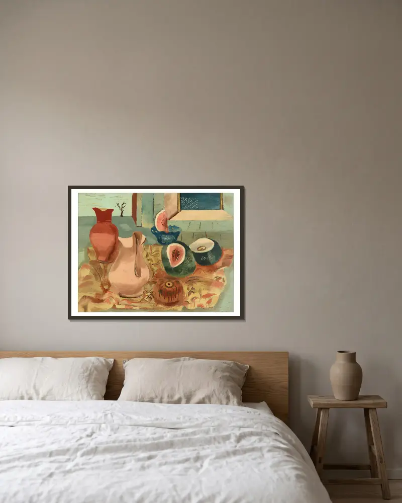 Geschnittene Melonen von Frances Hodgkins gerahmt an einer Wand