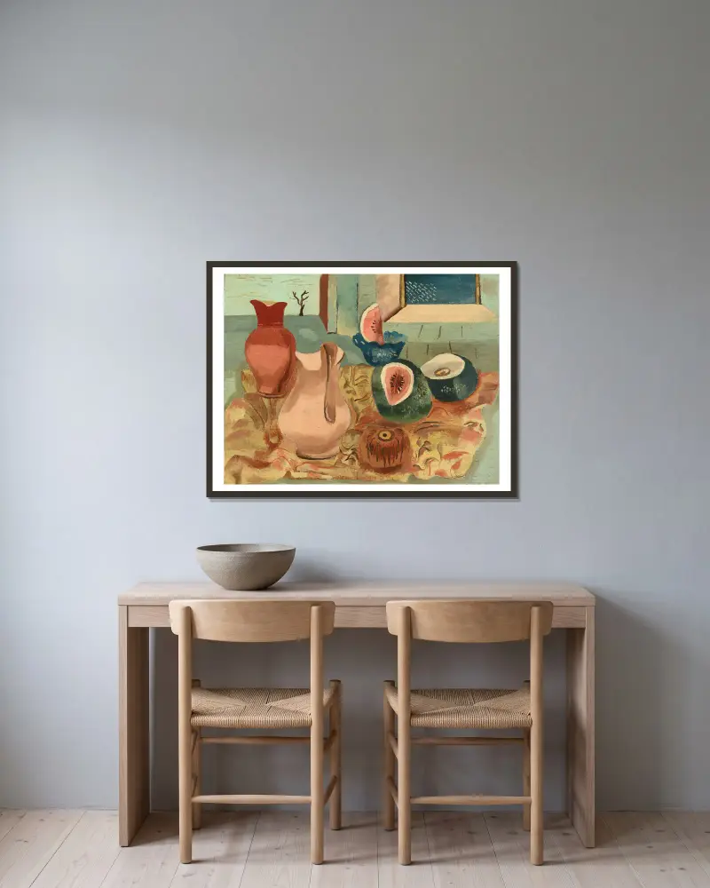Geschnittene Melonen von Frances Hodgkins gerahmt an einer Wand
