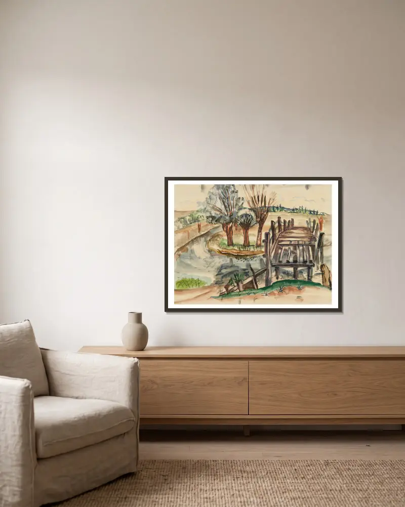 Flatford Bridge von Frances Hodgkins gerahmt an einer Wand