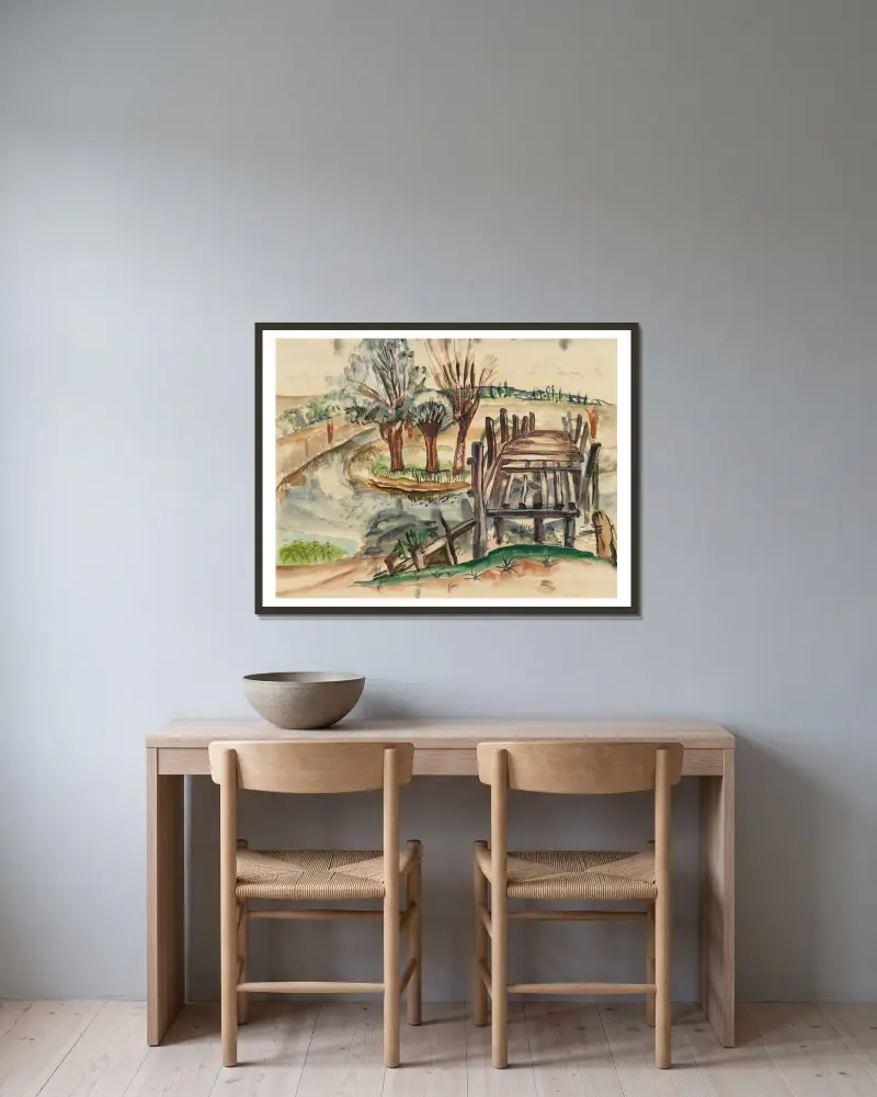Flatford Bridge von Frances Hodgkins gerahmt an einer Wand