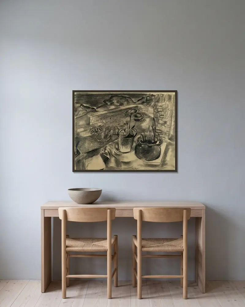 Stillleben in Landschaft, Bodinnick, Cornwall von Frances Hodgkins gerahmt an einer Wand