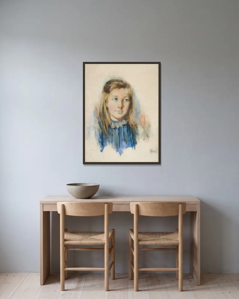 The girl with flaxen hair av Frances Hodgkins inramad på en vägg