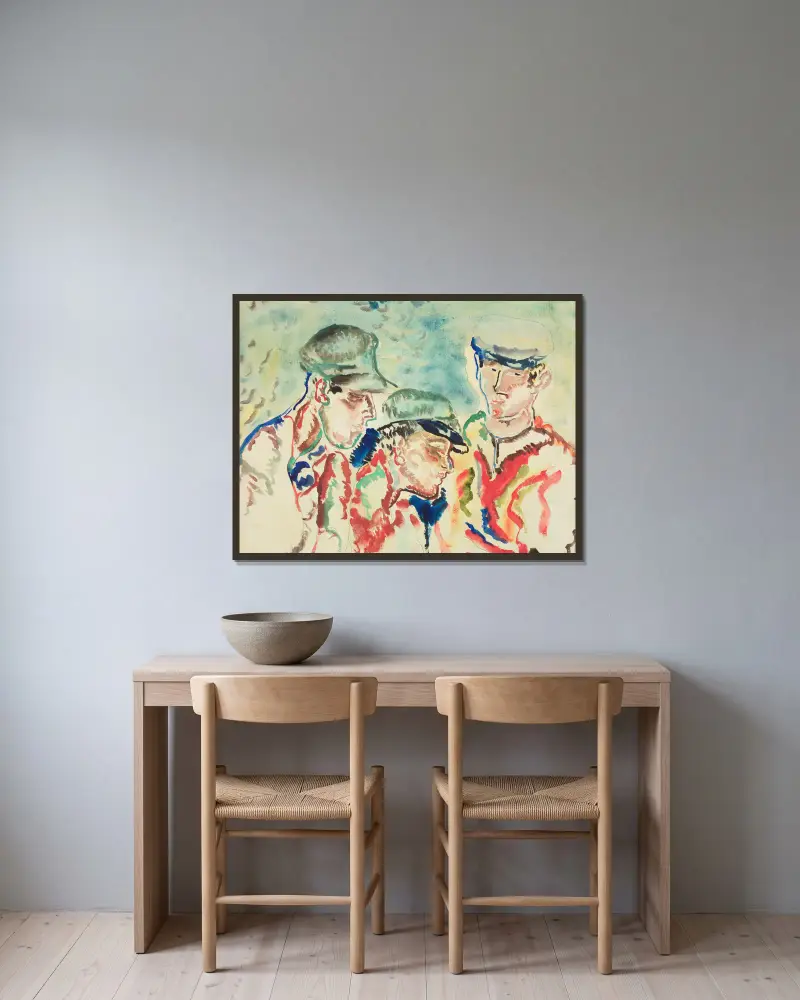 Three fisher boys av Frances Hodgkins inramad på en vägg