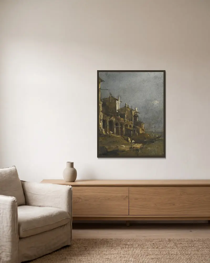 Kapris med kustlandskap och figurer på stranden under en arkad av Francesco Guardi inramad på en vägg