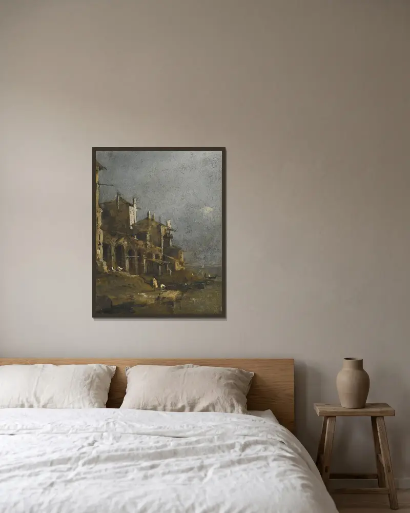 Kapris med kustlandskap och figurer på stranden under en arkad av Francesco Guardi inramad på en vägg