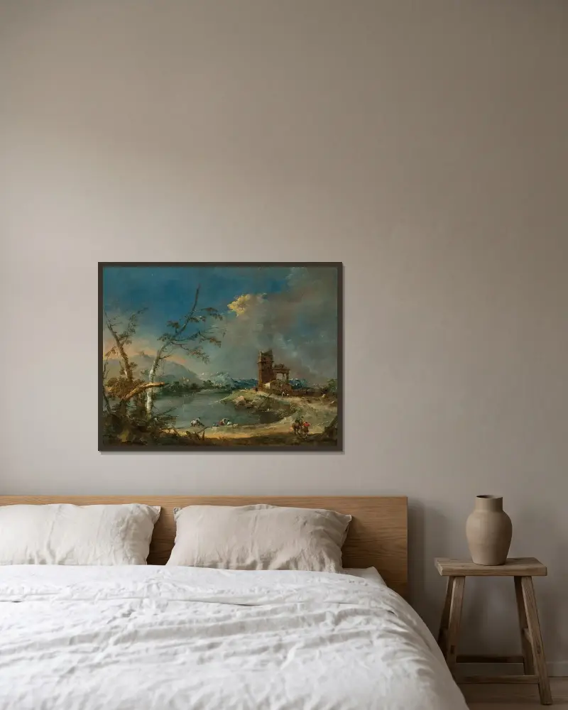 Ett capriccio med ett lantligt torn vid en sjö av Francesco Guardi inramad på en vägg
