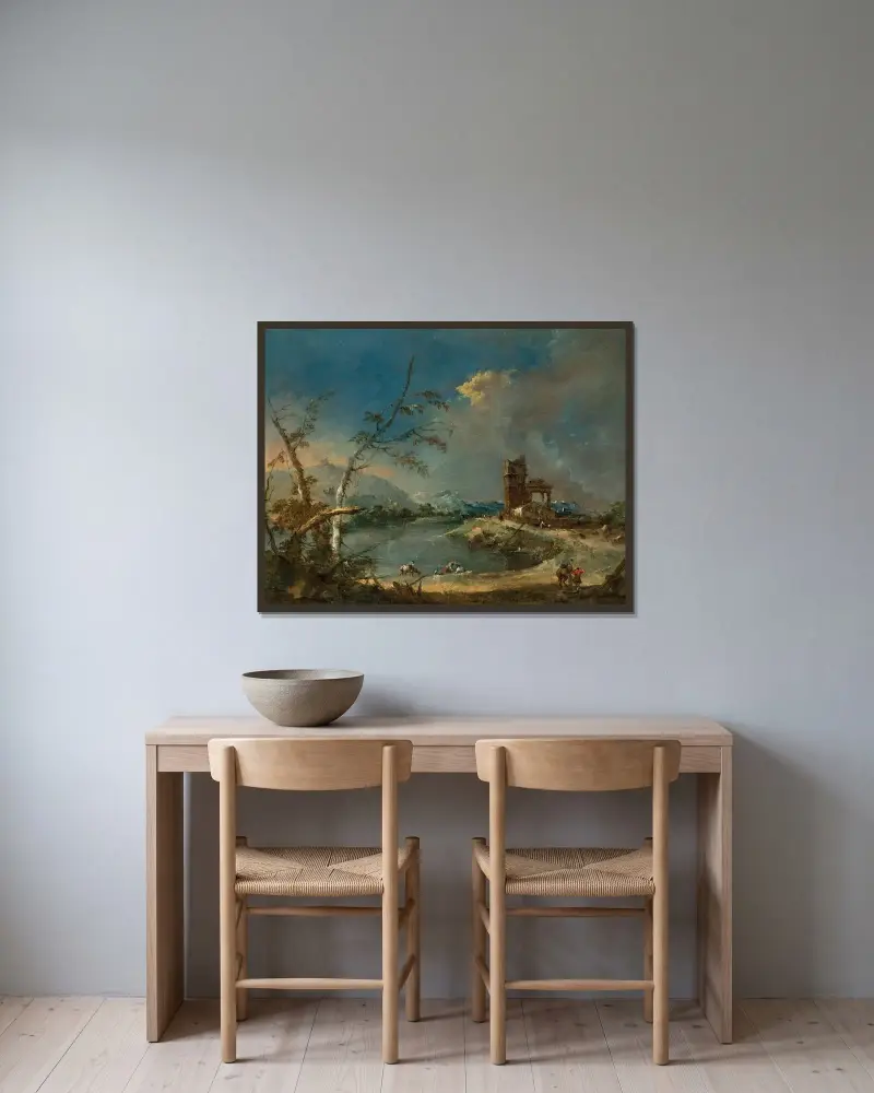 Ett capriccio med ett lantligt torn vid en sjö av Francesco Guardi inramad på en vägg