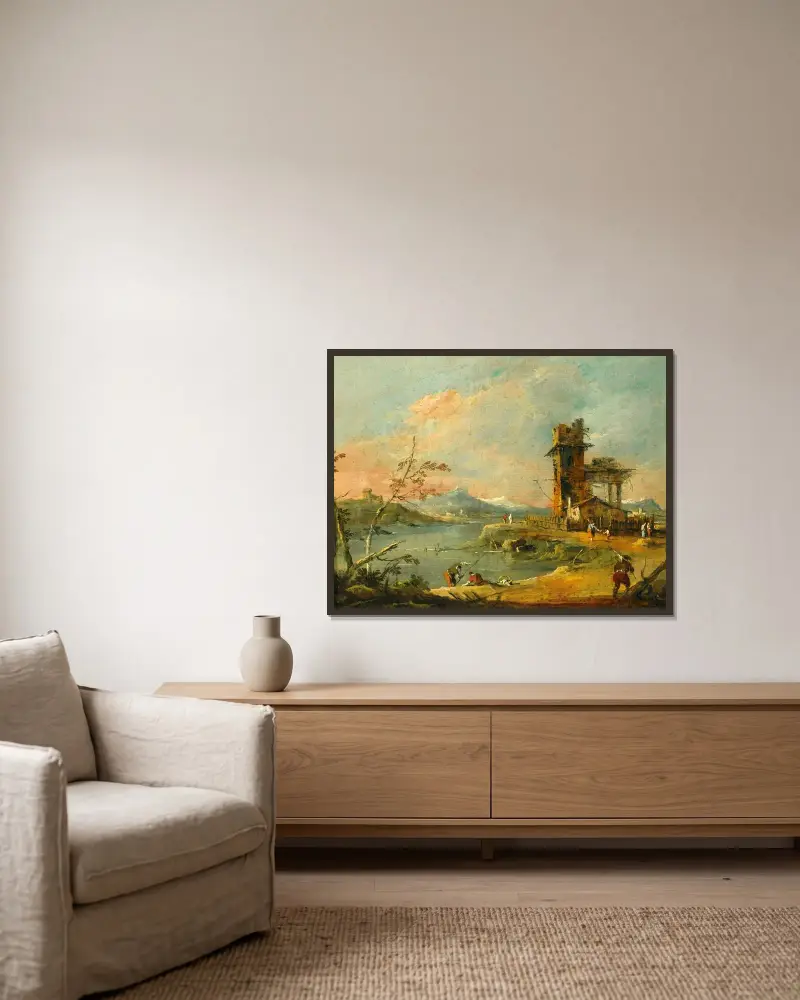 Ett capriccio med ett rustikt torn vid en sjö, med berg i bakgrunden av Francesco Guardi inramad på en vägg