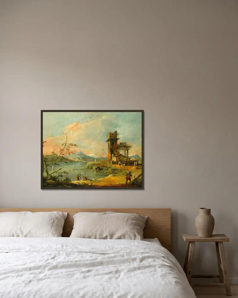 Ett capriccio med ett rustikt torn vid en sjö, med berg i bakgrunden av Francesco Guardi inramad på en vägg