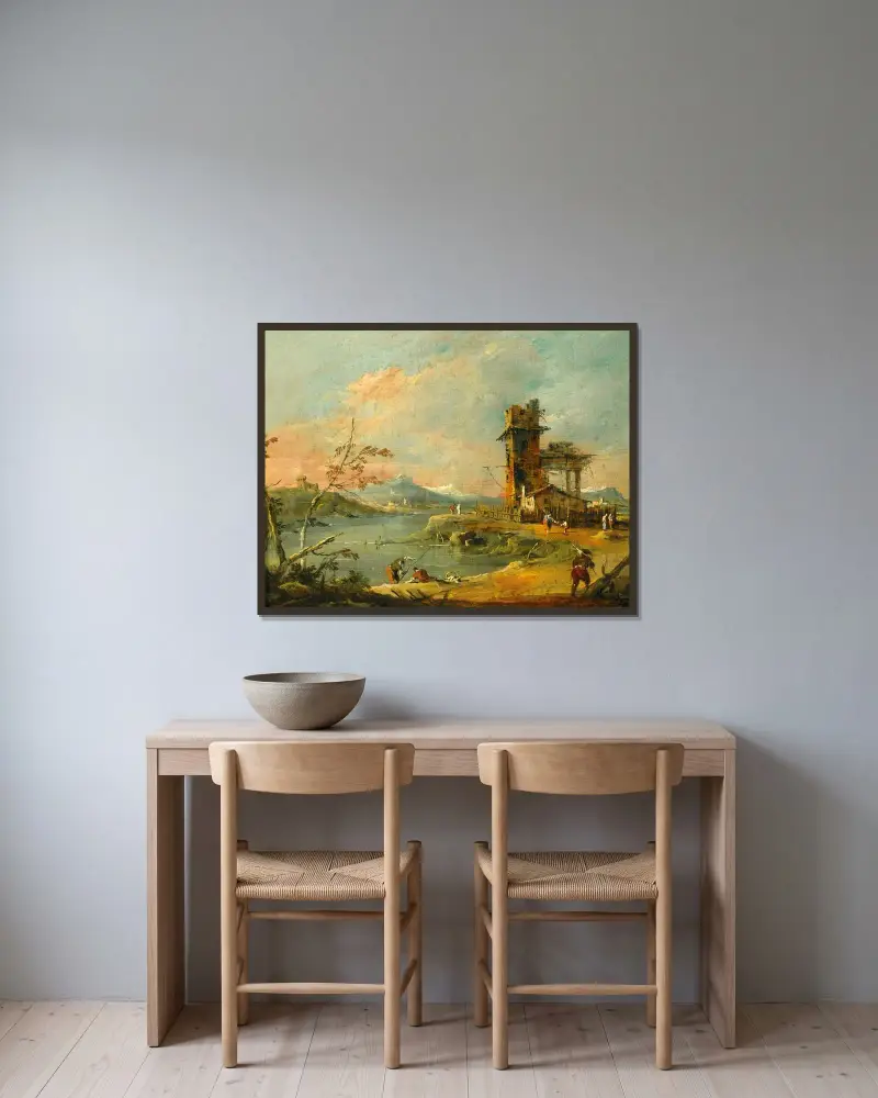 Ett capriccio med ett rustikt torn vid en sjö, med berg i bakgrunden av Francesco Guardi inramad på en vägg