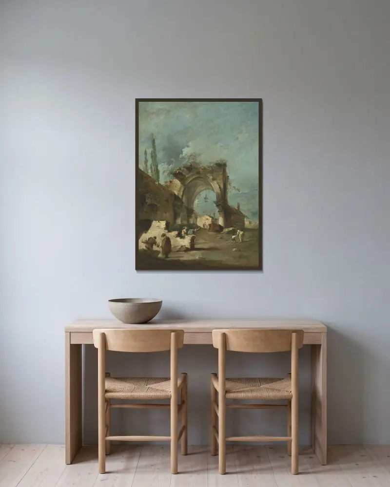 Capriccio med byggnader och figurer vid en raserad valvbåge av Francesco Guardi inramad på en vägg