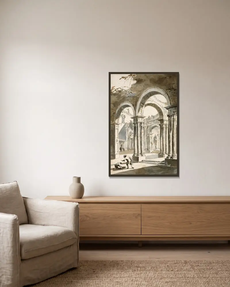 En kolonnad, delvis i ruiner, med figurer av Francesco Guardi inramad på en vägg