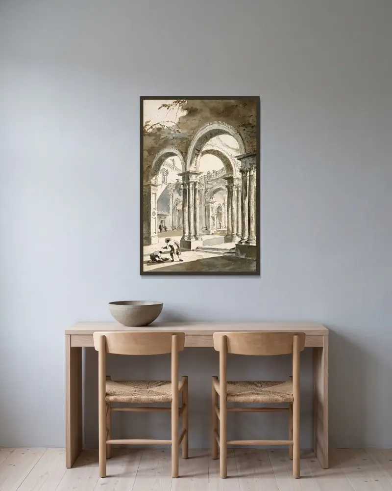 En kolonnad, delvis i ruiner, med figurer av Francesco Guardi inramad på en vägg