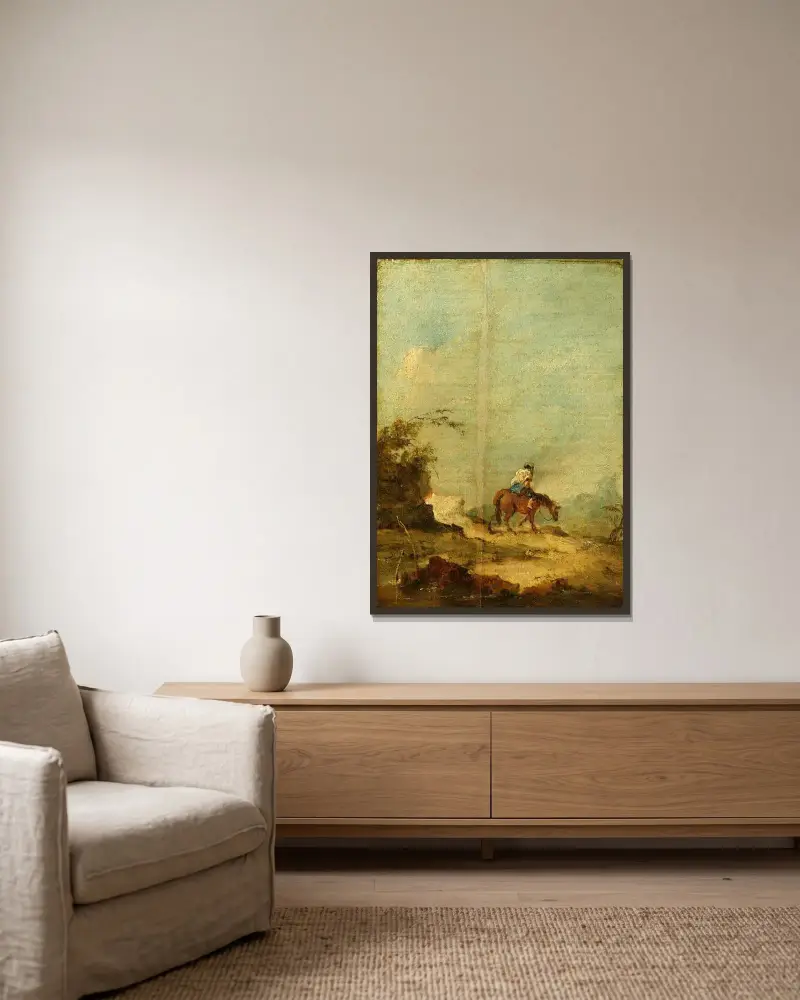 En ryttare i ett landskap av Francesco Guardi inramad på en vägg