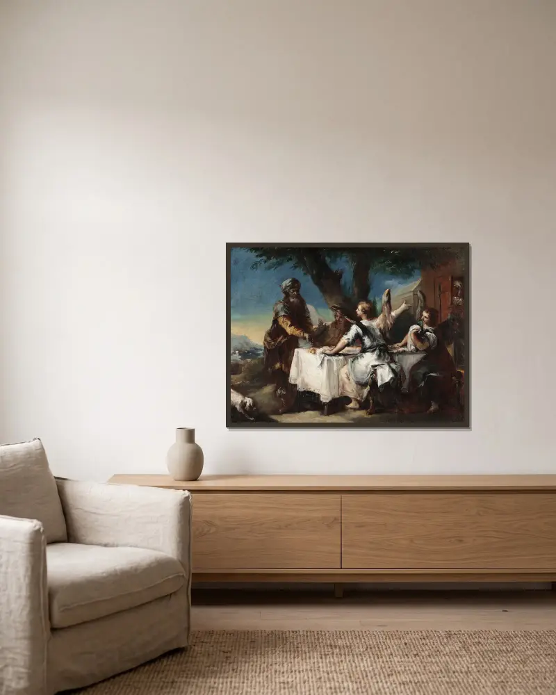 Abraham Welcoming the Three Angels av Francesco Guardi inramad på en vägg