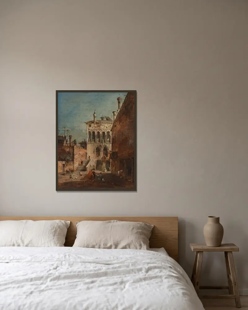 Arkitektonisk capriccio med en campiello av Francesco Guardi inramad på en vägg