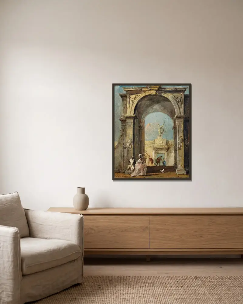Arkitektonisk capriccio med elegant klädda figurer och en hund vid entrén till ett palats av Francesco Guardi inramad på en vägg