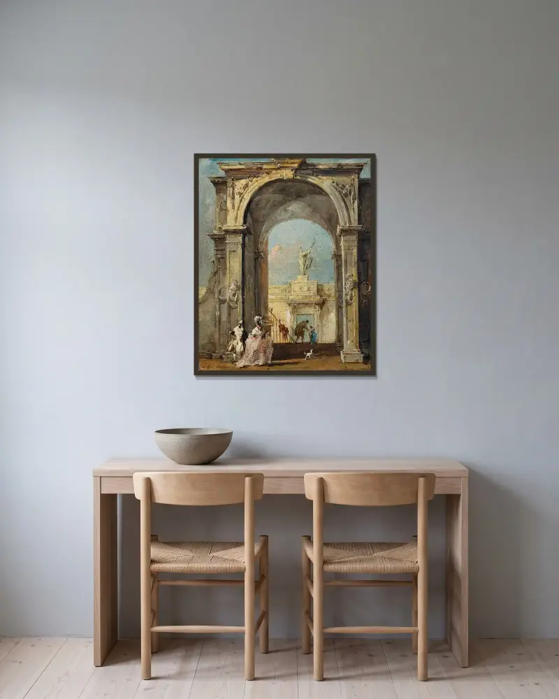 Arkitektonisk capriccio med elegant klädda figurer och en hund vid entrén till ett palats av Francesco Guardi inramad på en vägg