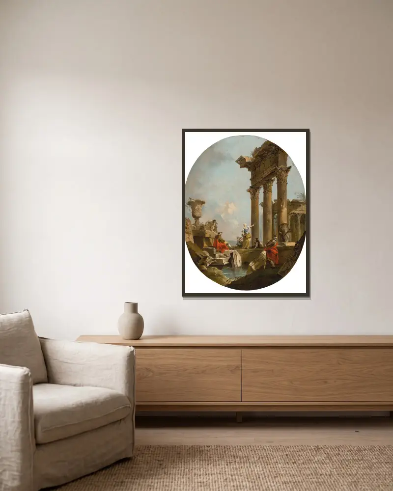 An Architectural Capriccio With Figures Amongst Classical Ruins, A Temple Beyond av Francesco Guardi inramad på en vägg
