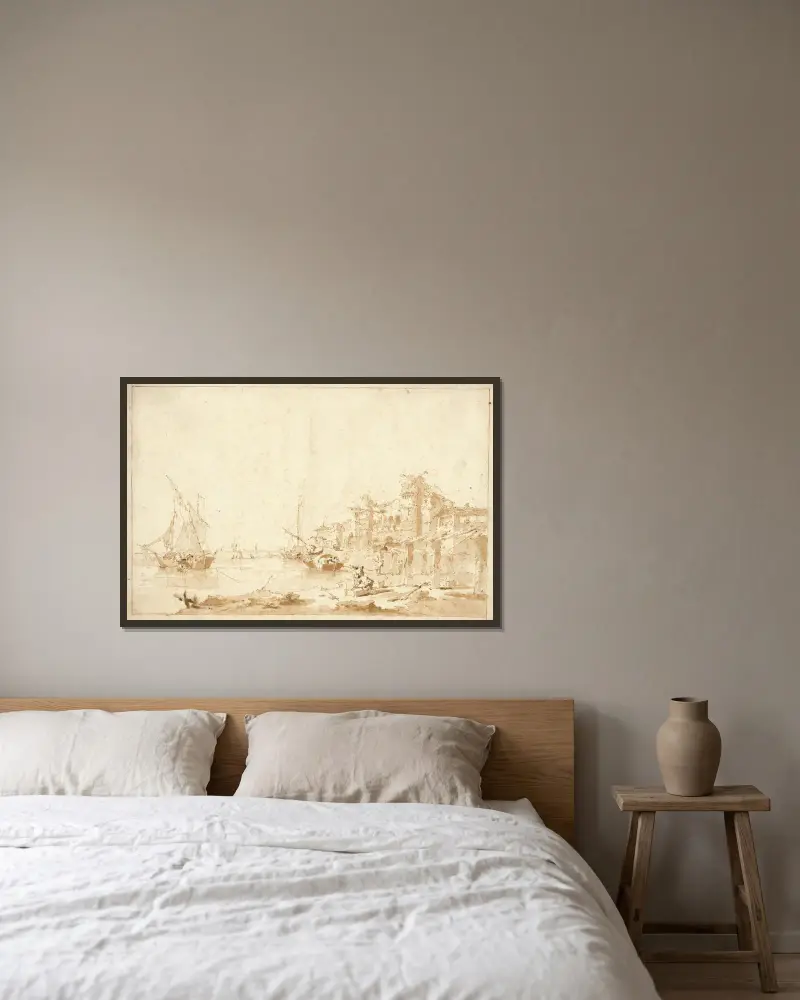 En inbillad vy över Venedigs lagun, med en fästning vid stranden av Francesco Guardi inramad på en vägg