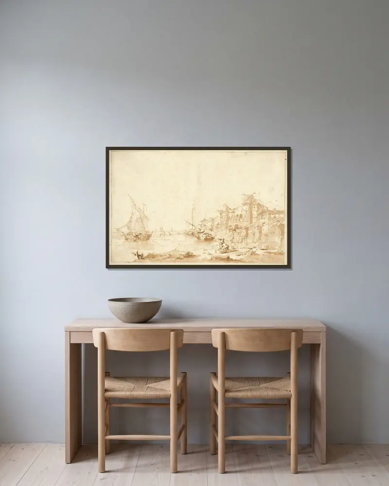 En inbillad vy över Venedigs lagun, med en fästning vid stranden av Francesco Guardi inramad på en vägg