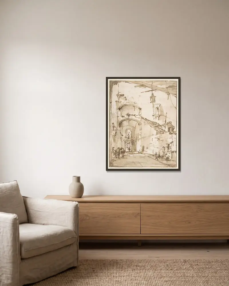 Arkitektonisk capriccio; En välvd passage av Francesco Guardi inramad på en vägg