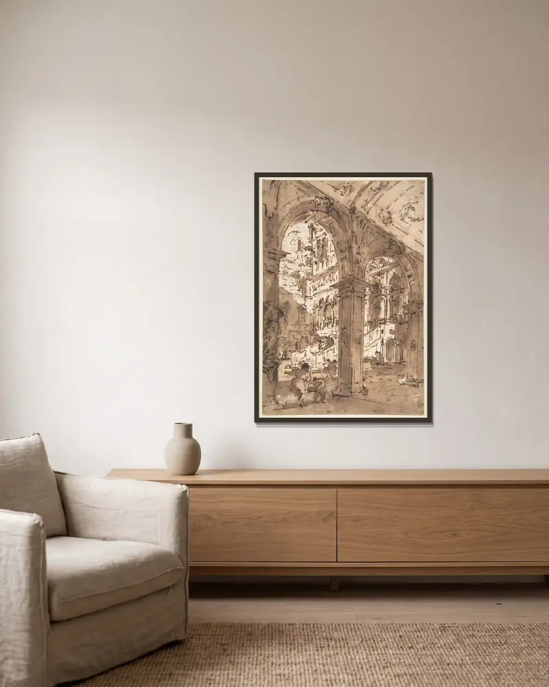 Arkitektonisk capriccio; Palatsgård av Francesco Guardi inramad på en vägg