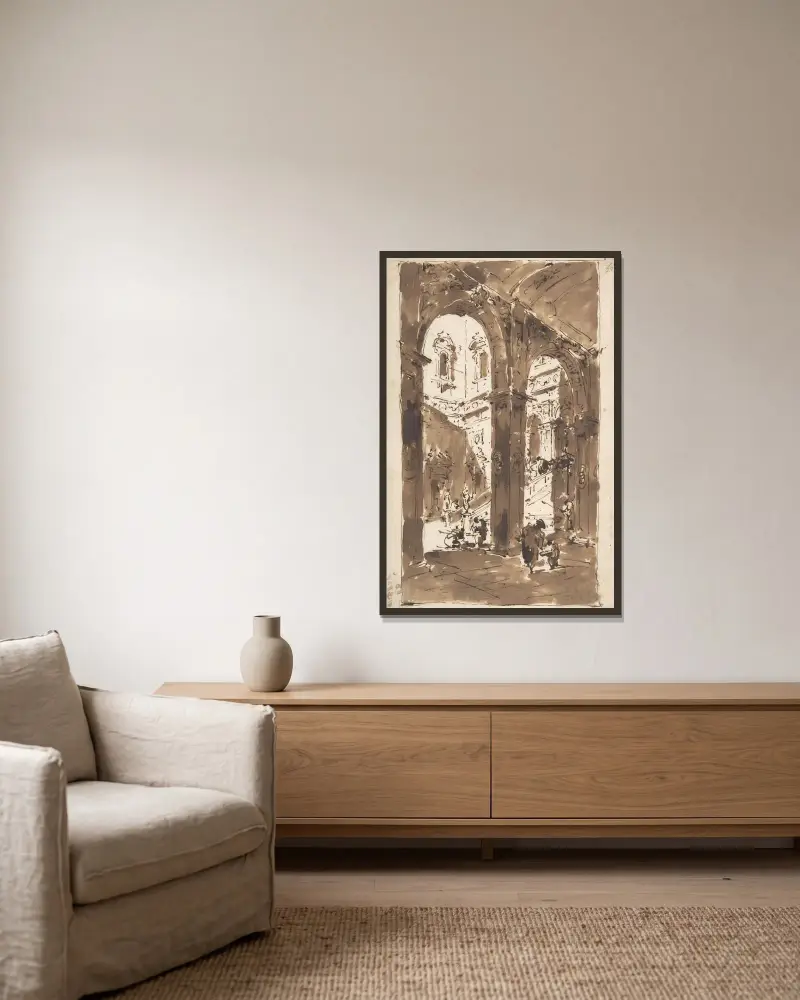 Arkitektonisk capriccio; Palatsgård av Francesco Guardi inramad på en vägg