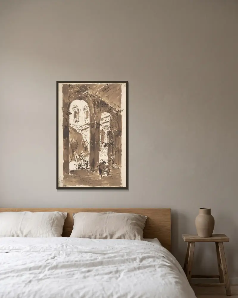 Arkitektonisk capriccio; Palatsgård av Francesco Guardi inramad på en vägg