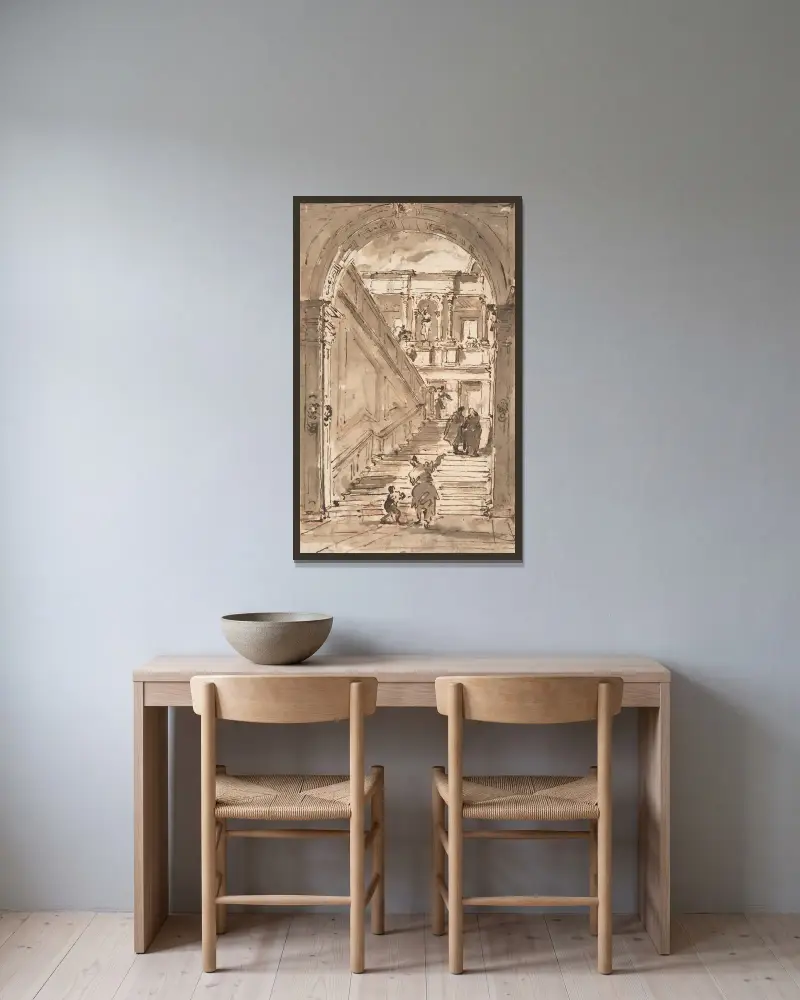 Arkitektonisk fantasi; figurer på en stor trappa av Francesco Guardi inramad på en vägg