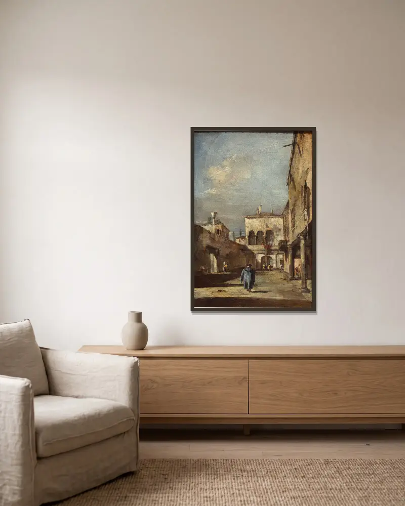 Architectural fantasy with a courtyard av Francesco Guardi inramad på en vägg