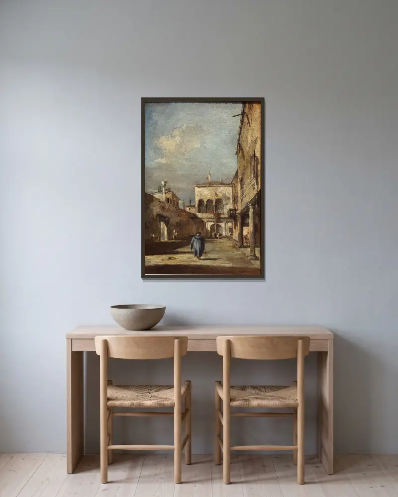 Architectural fantasy with a courtyard av Francesco Guardi inramad på en vägg